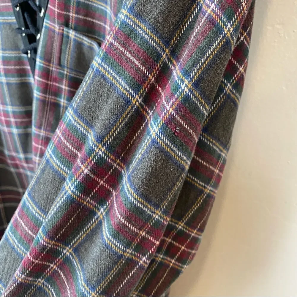 Furst of A Kind Upcycled Oversized Plaid Lace Up Button Front Flannel Shirt